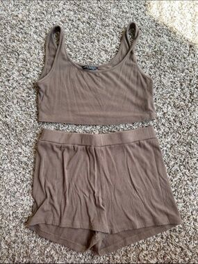 Brown Ribbed Tank and Shorts Set